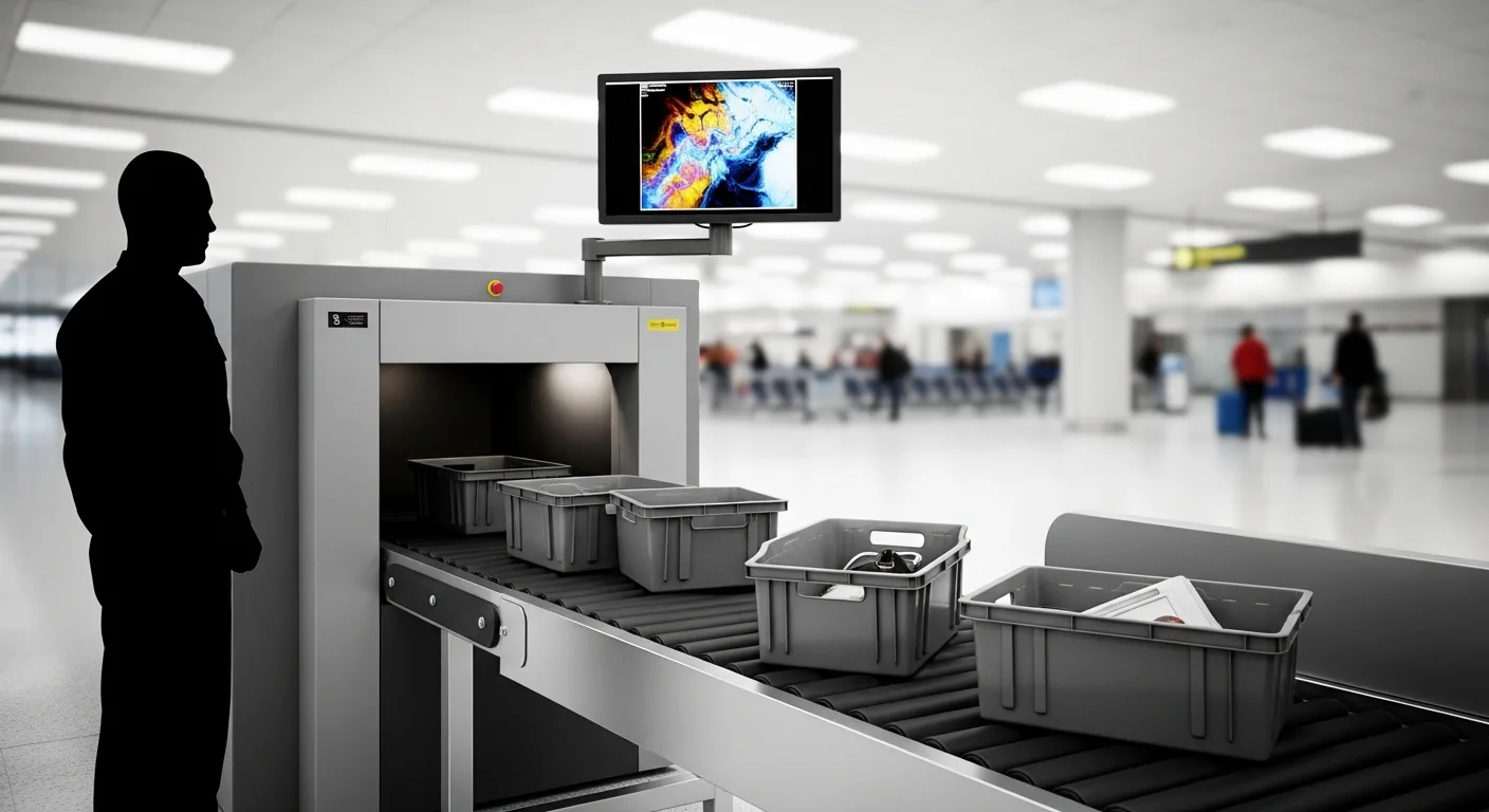 A TSA security checkpoint at a busy airport with an X-ray baggage scanner