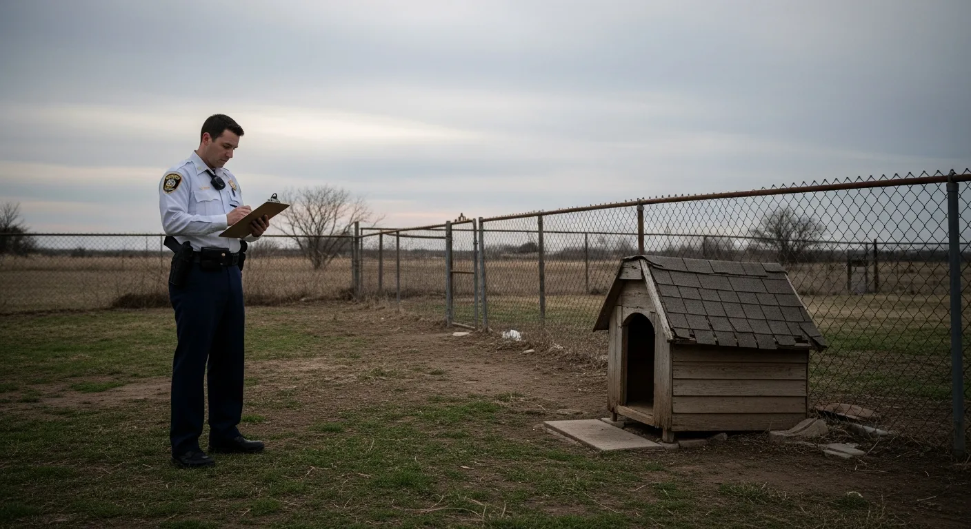 An animal control officer documenting a neglect scene at a rural property