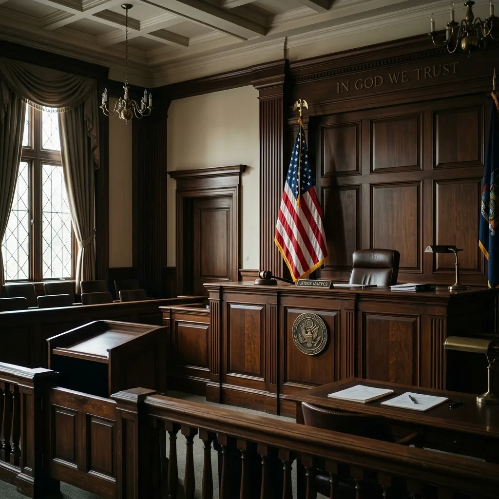 Courtroom interior with judge bench and American flag