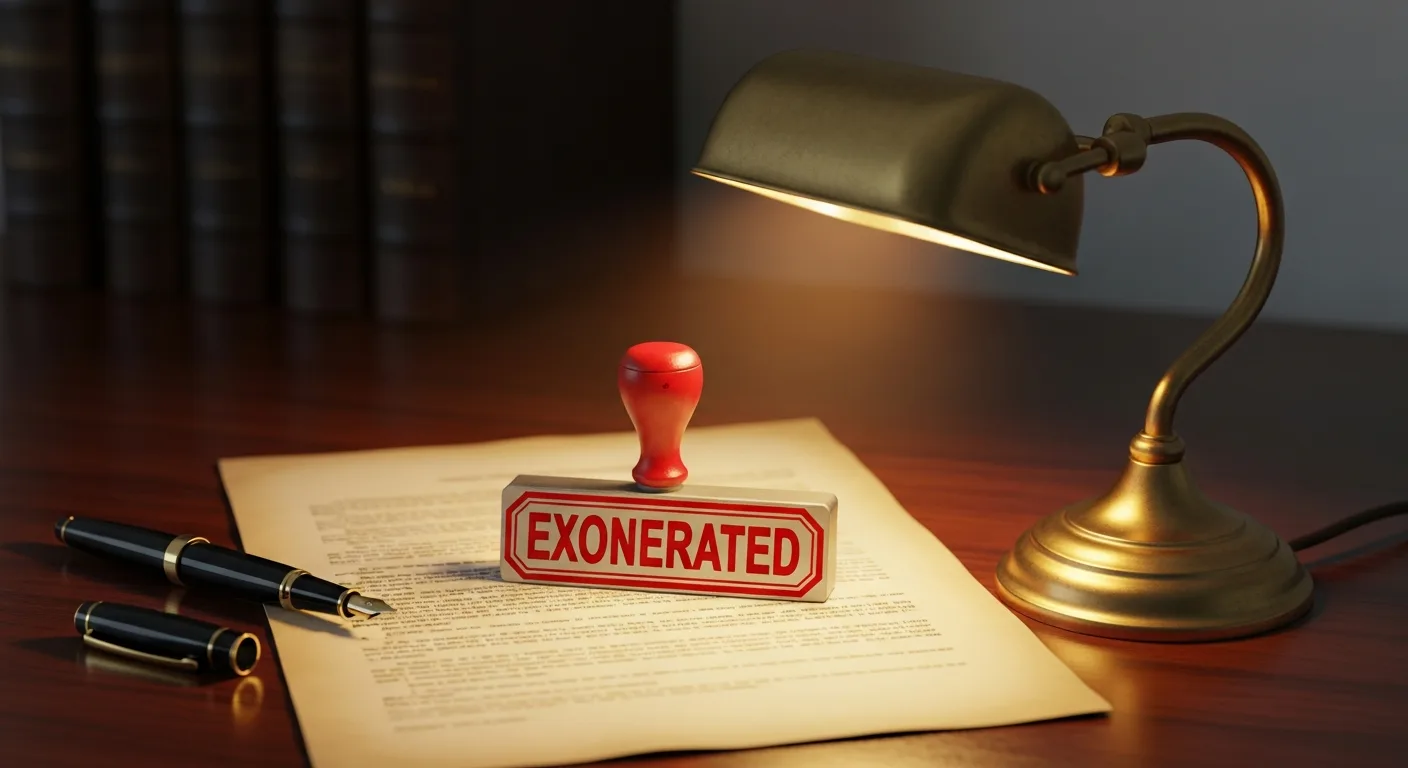 A stamped exoneration order document on a desk with a pen, marking a bail bond as discharged