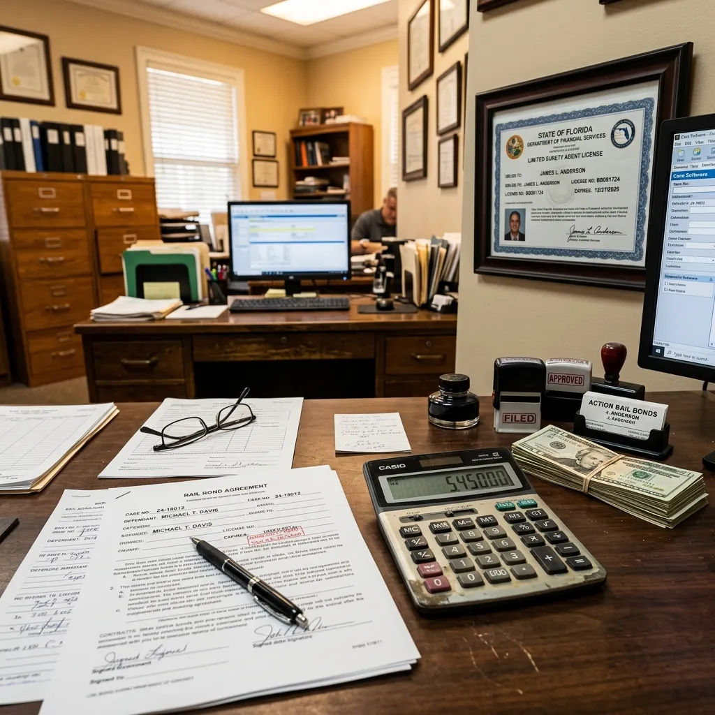 A bail bondsman desk with paperwork, calculator, and Florida license