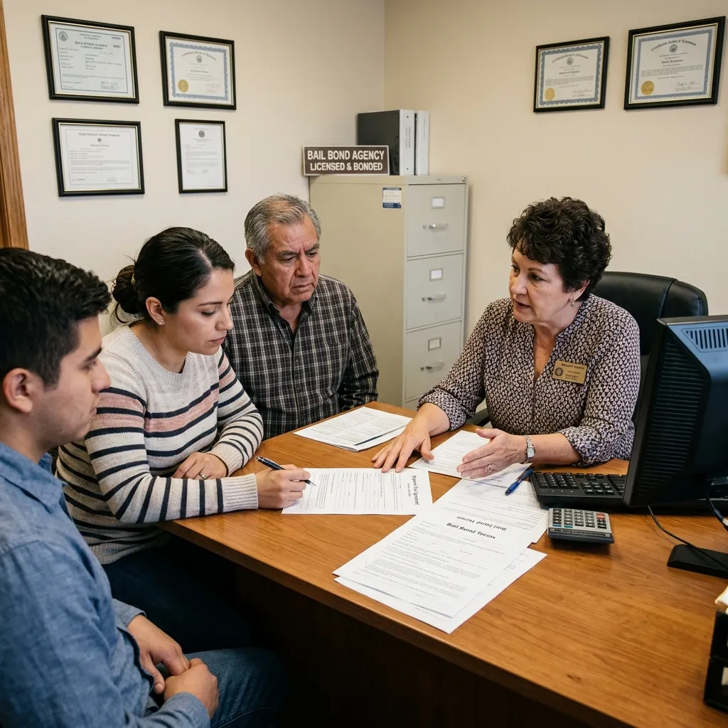 Family reviewing bail bond payment paperwork with a bail agent