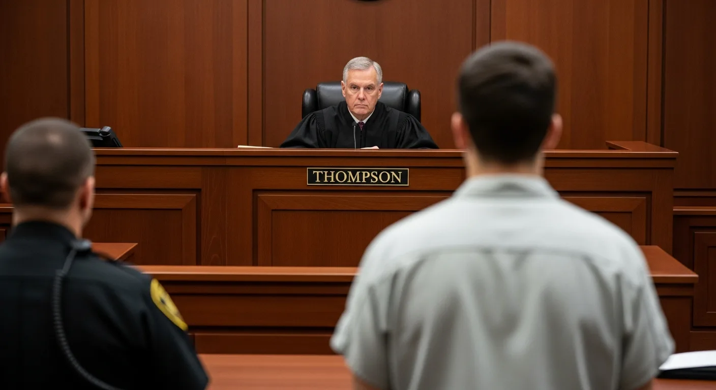 Judge at the bench during a Florida first appearance hearing as a defendant stands in custody