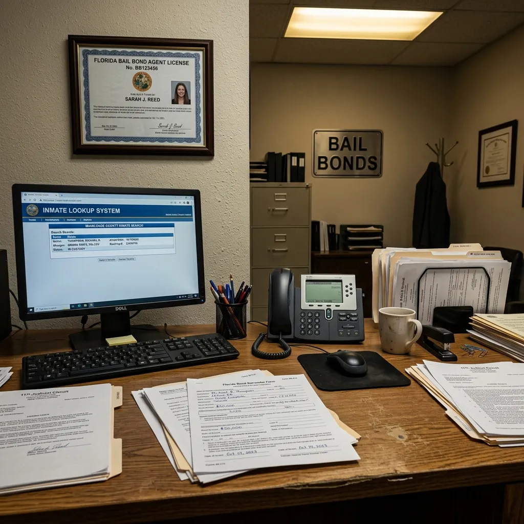 Bail bondsman office desk with surrender paperwork and Florida license