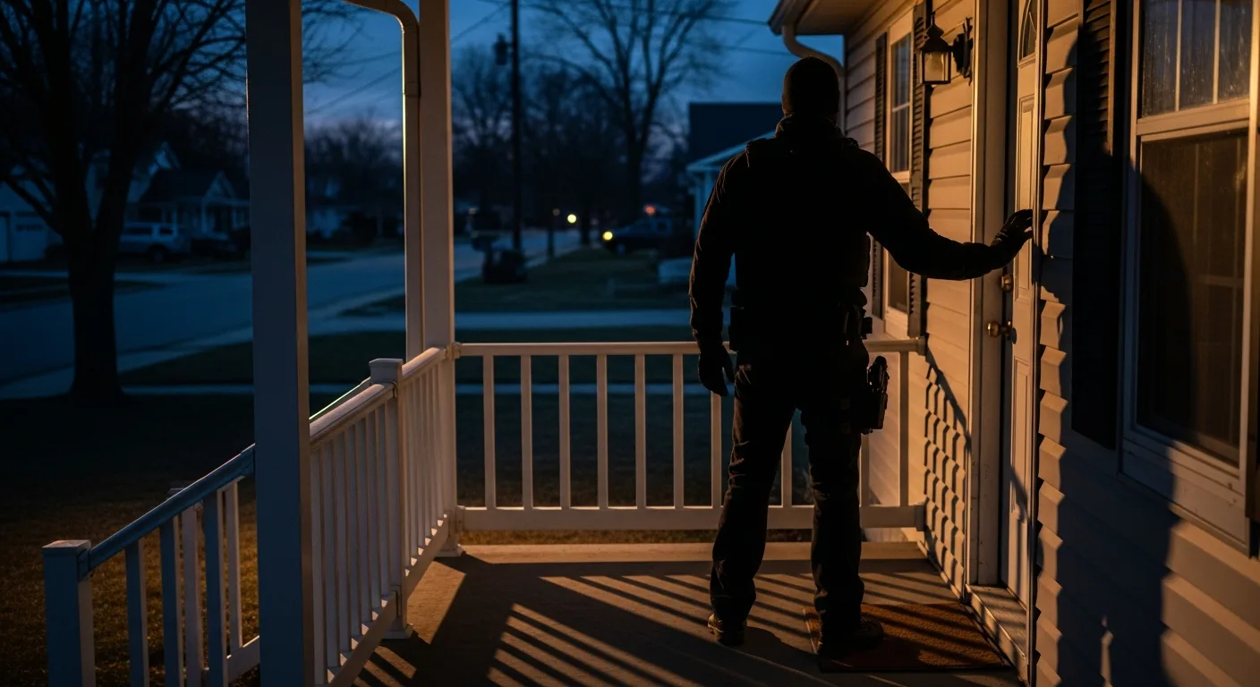 A bail recovery agent standing at the doorway of a residence at dusk