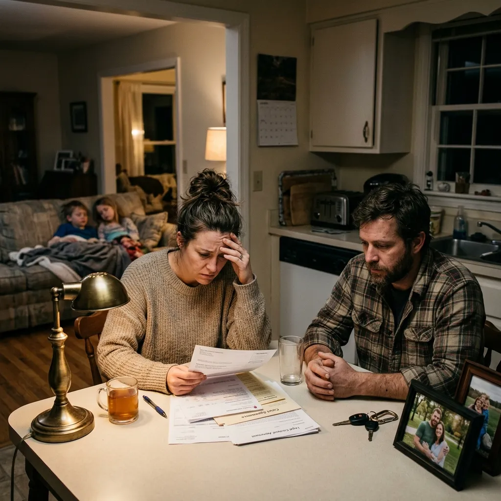 Family at kitchen table reviewing financial documents late at night