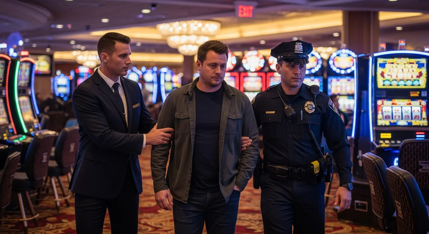 Casino security and police escorting a patron off a brightly lit gaming floor in Florida