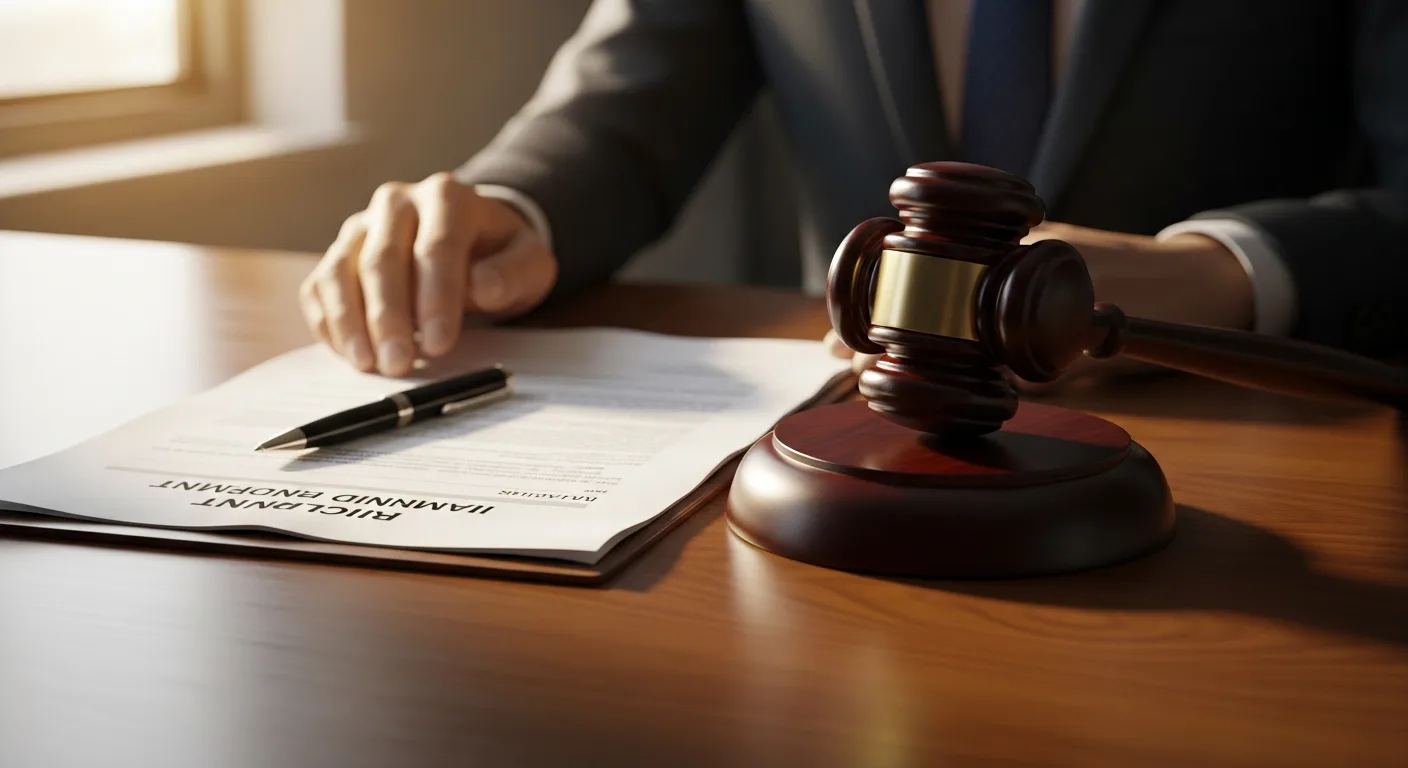 Court summons and indemnity agreement documents on a desk with a gavel