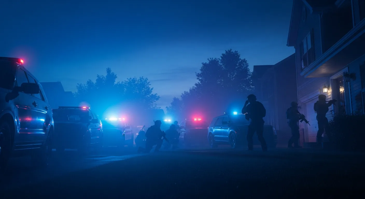 Law enforcement vehicles with lights outside a home at dawn during a warrant execution