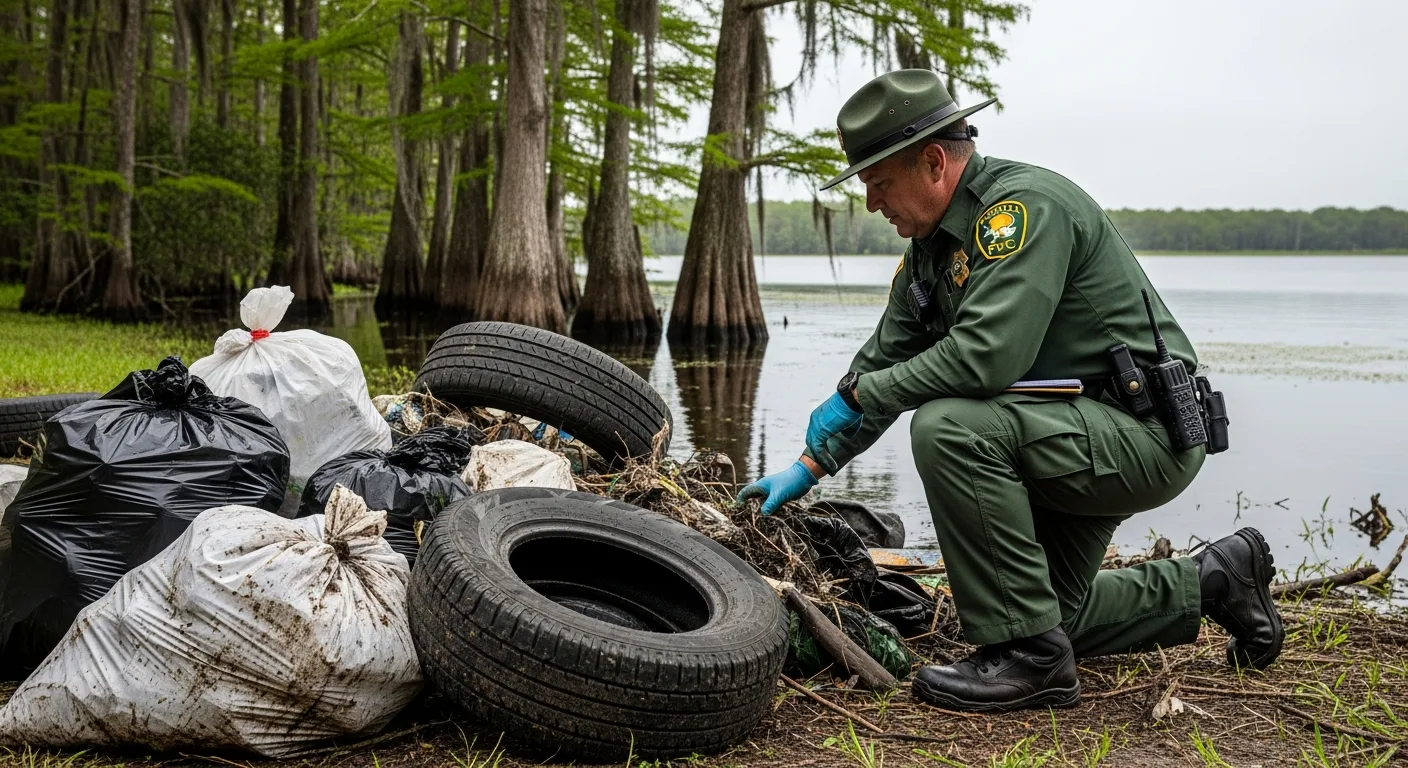 A Florida wildlife officer inspecting illegally dumped debris at the edge of a wetland