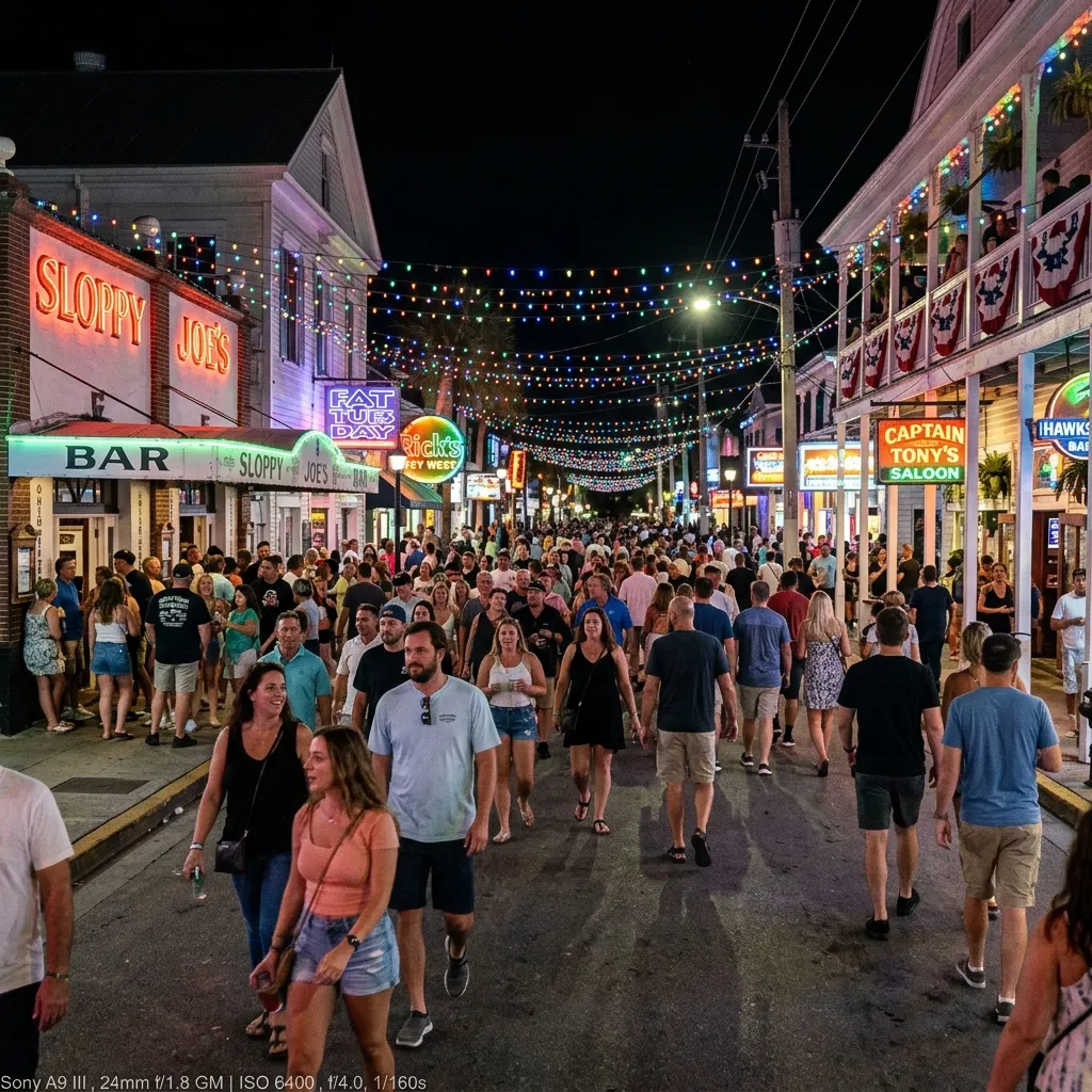 Duval Street Key West at night with festival lights