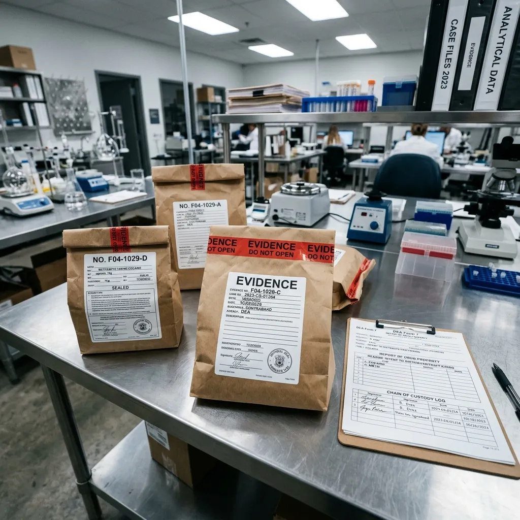 Forensic evidence table with sealed evidence bags