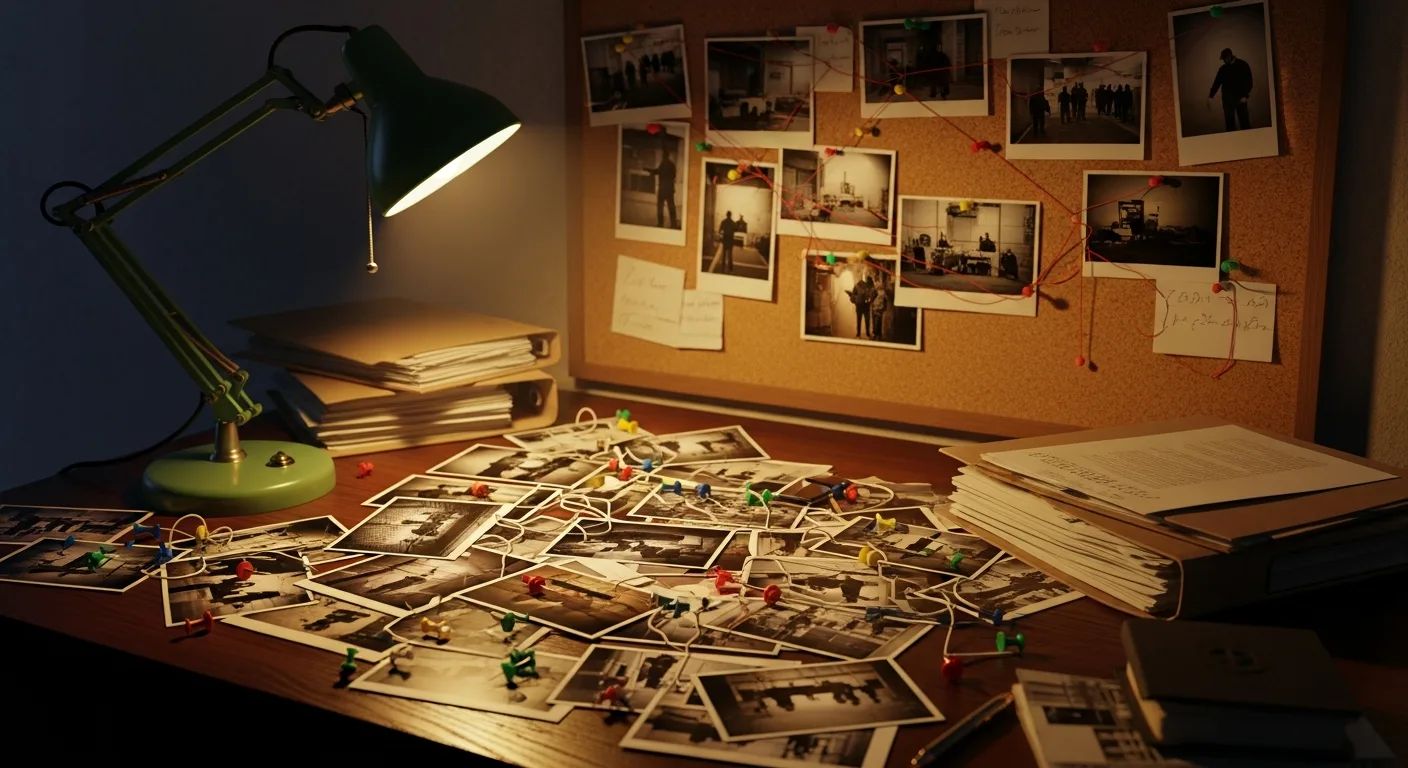 A detective reviewing photographs and intelligence documents about a suspected criminal gang