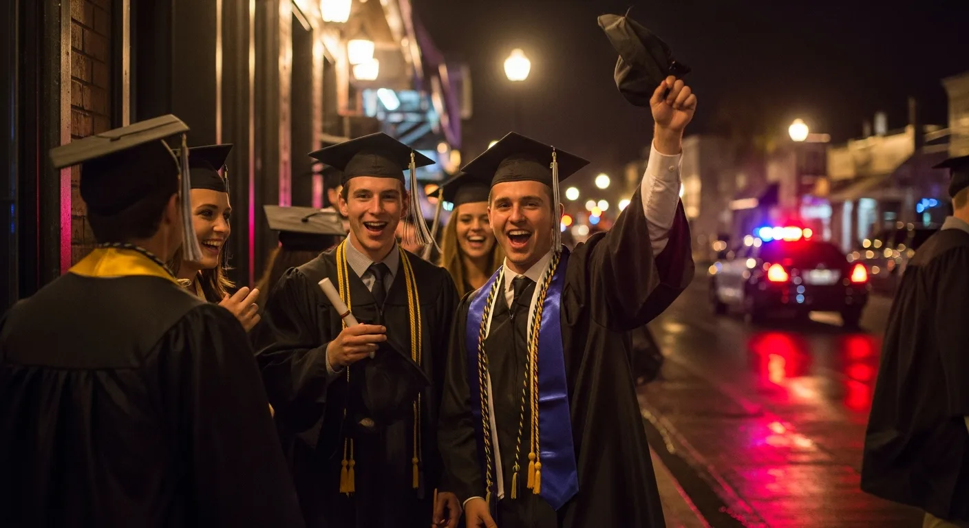 College graduates celebrating at night in a Florida college town with police lights in the background