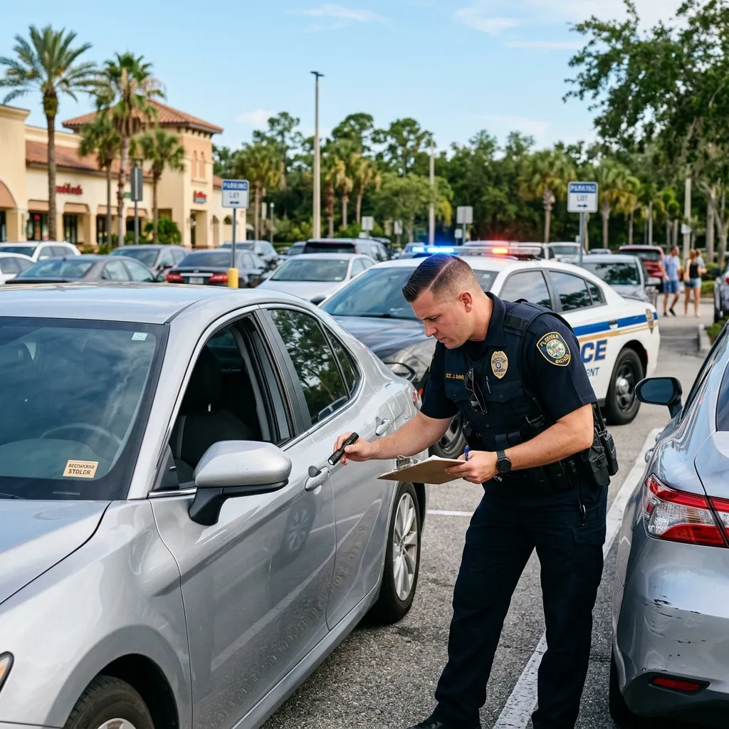 Police officer examining recovered stolen vehicle
