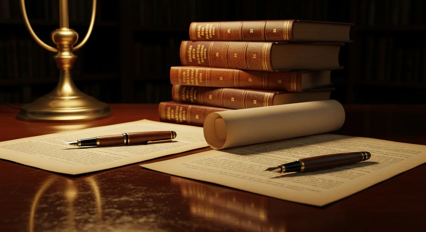 Antique legal books and a habeas corpus petition document on a desk in a law library
