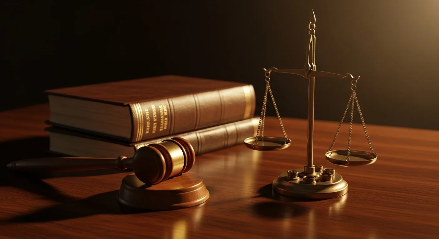 The scales of justice in a courtroom with a law book open on a desk