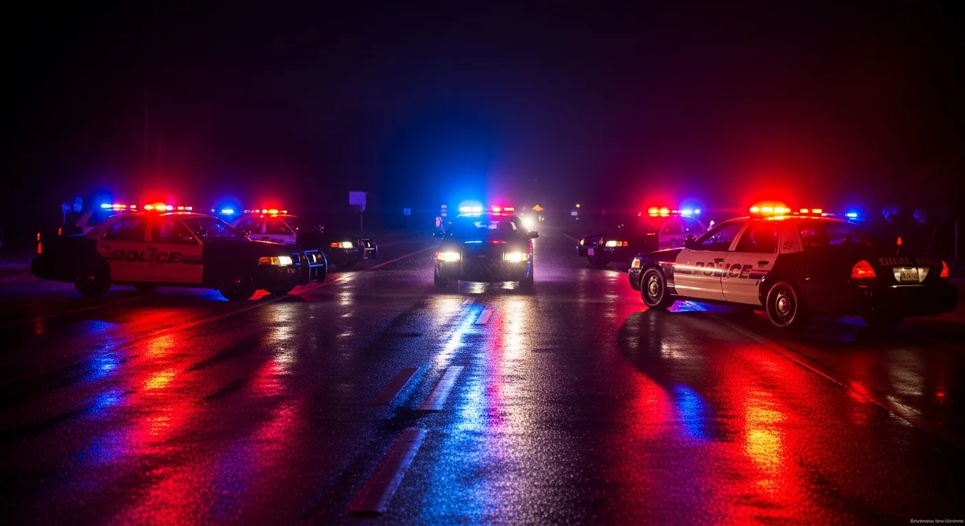 Florida police vehicles with flashing lights surrounding a stopped car at night after a pursuit