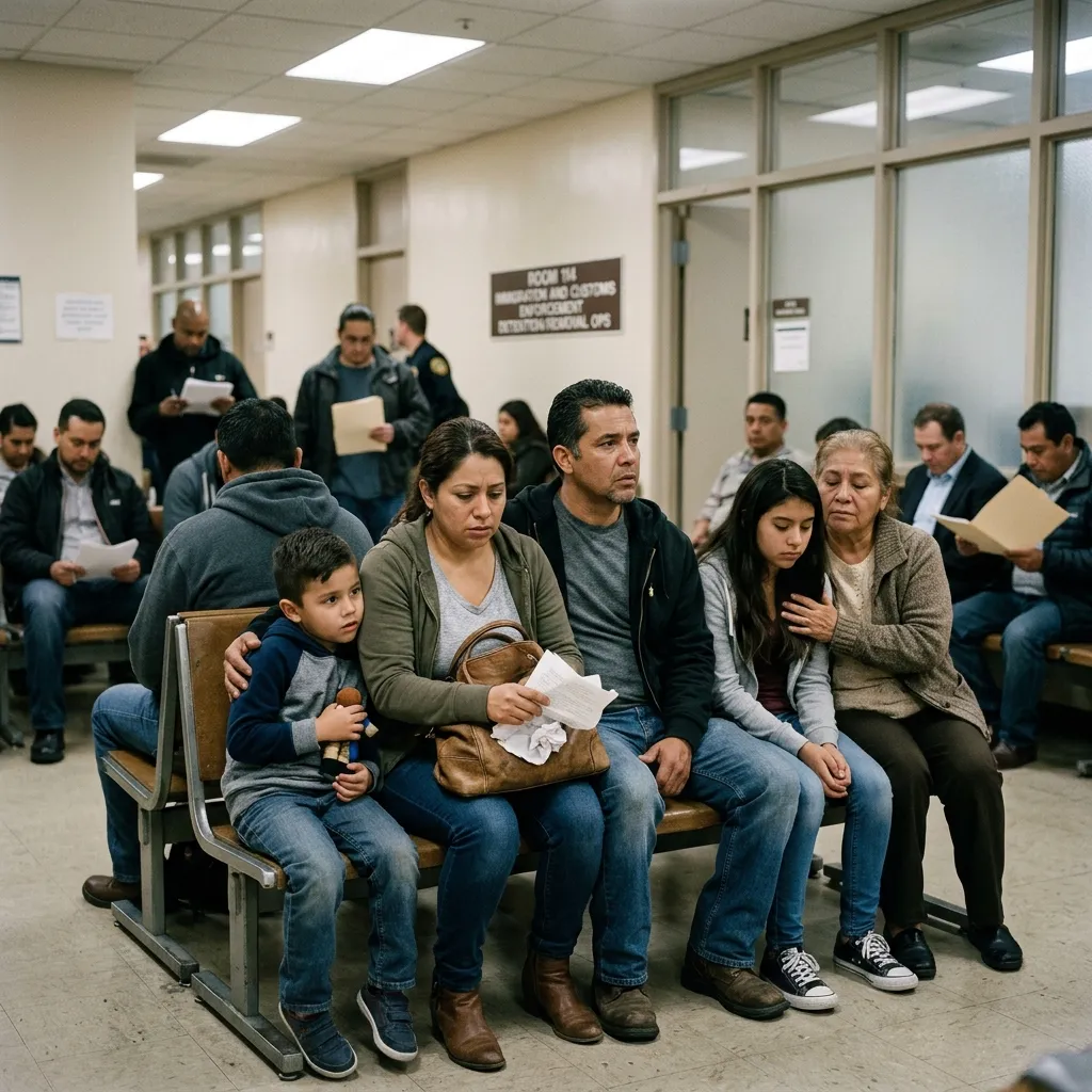 Family sitting anxiously in courthouse waiting area
