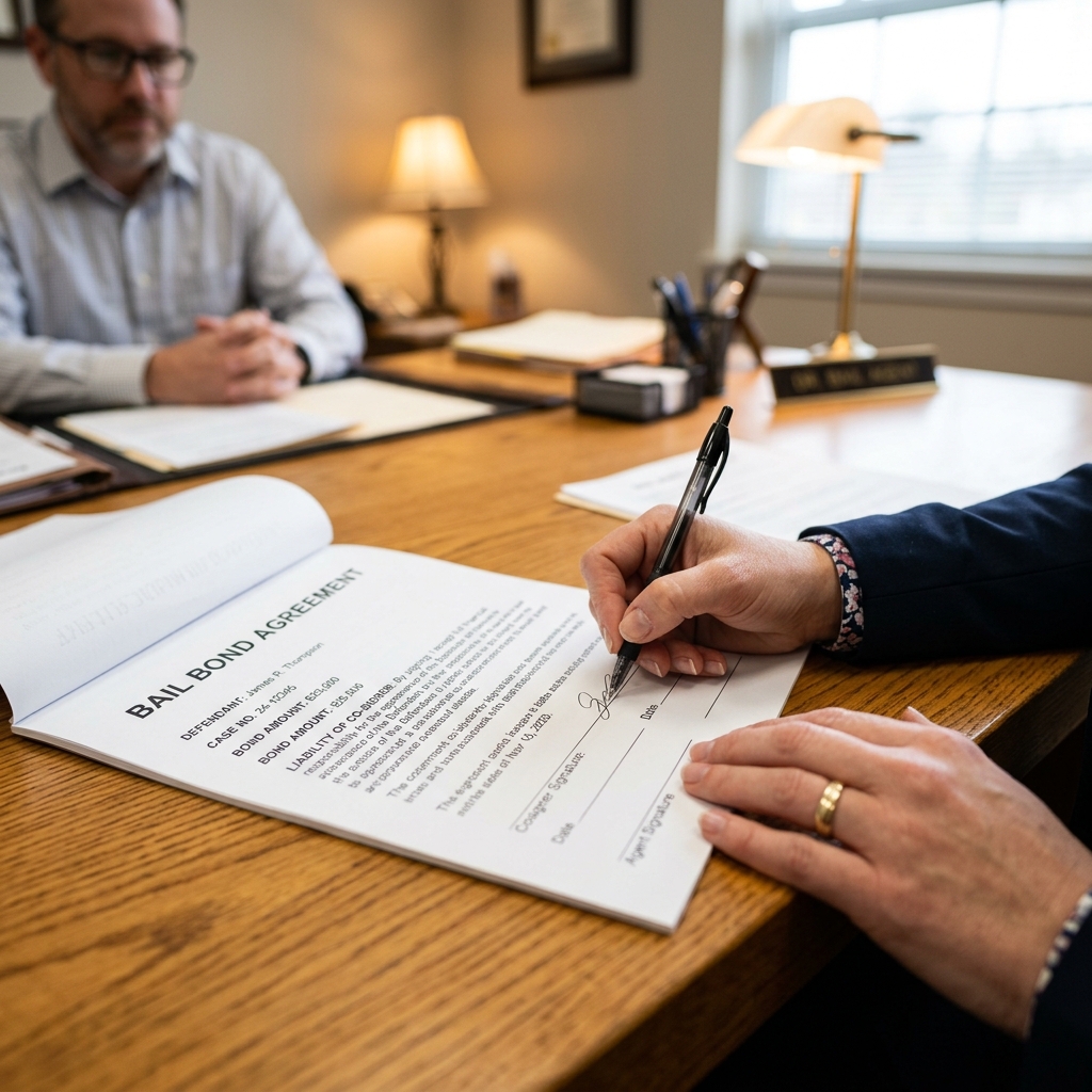 Close-up of hands signing a bail bond agreement at a desk