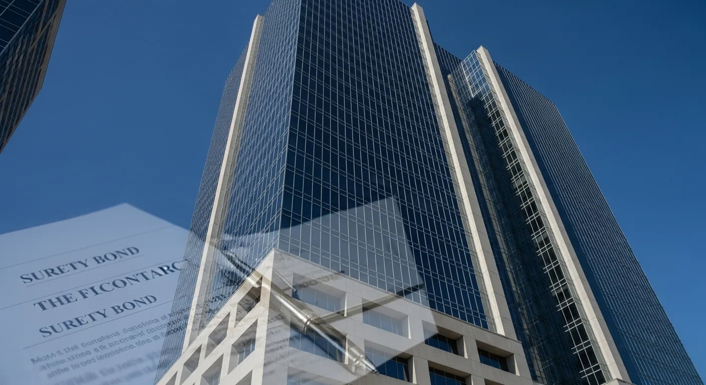 Insurance company headquarters building with a surety bond contract in the foreground