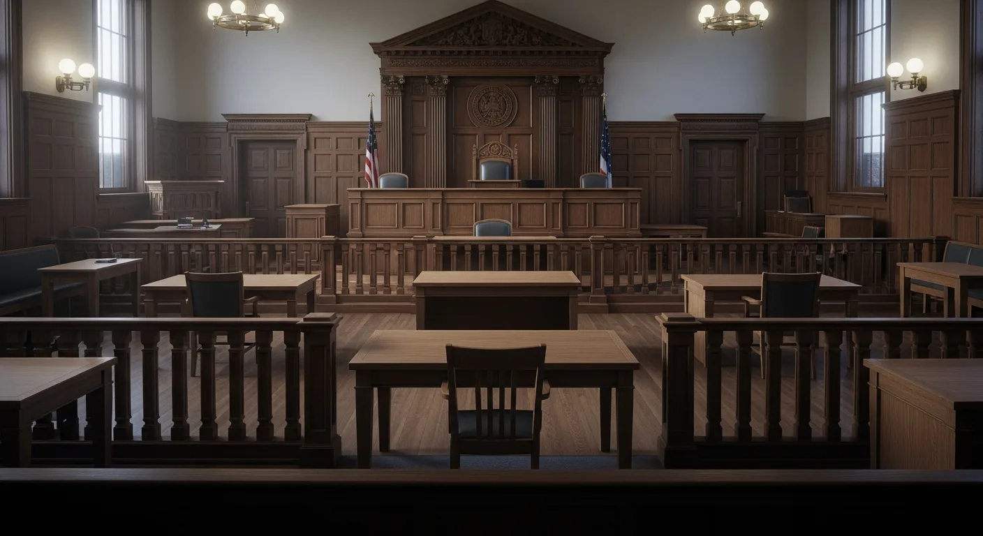 An empty adult courtroom bench symbolizing a juvenile case moved into the adult system