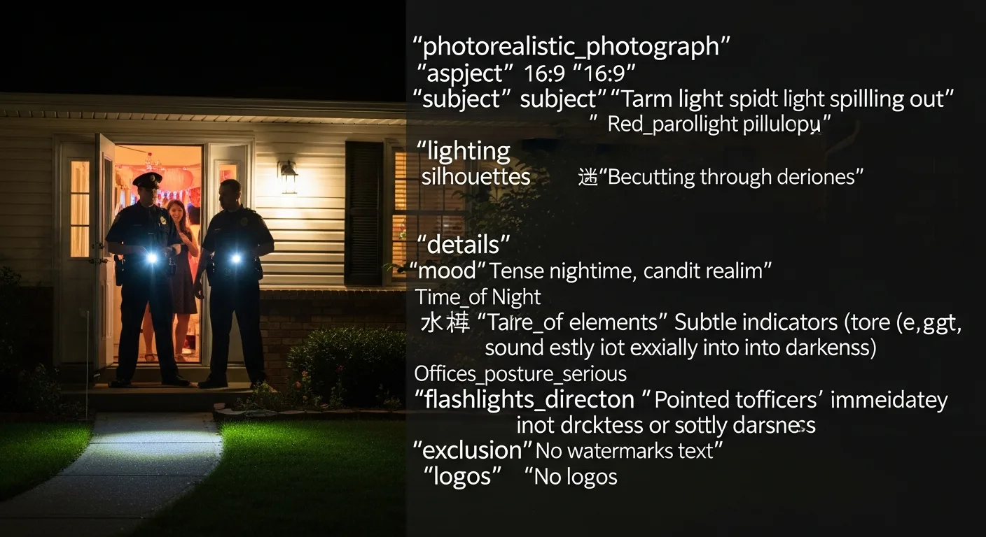 Police officers with flashlights at the door of a house party at night responding to a noise complaint