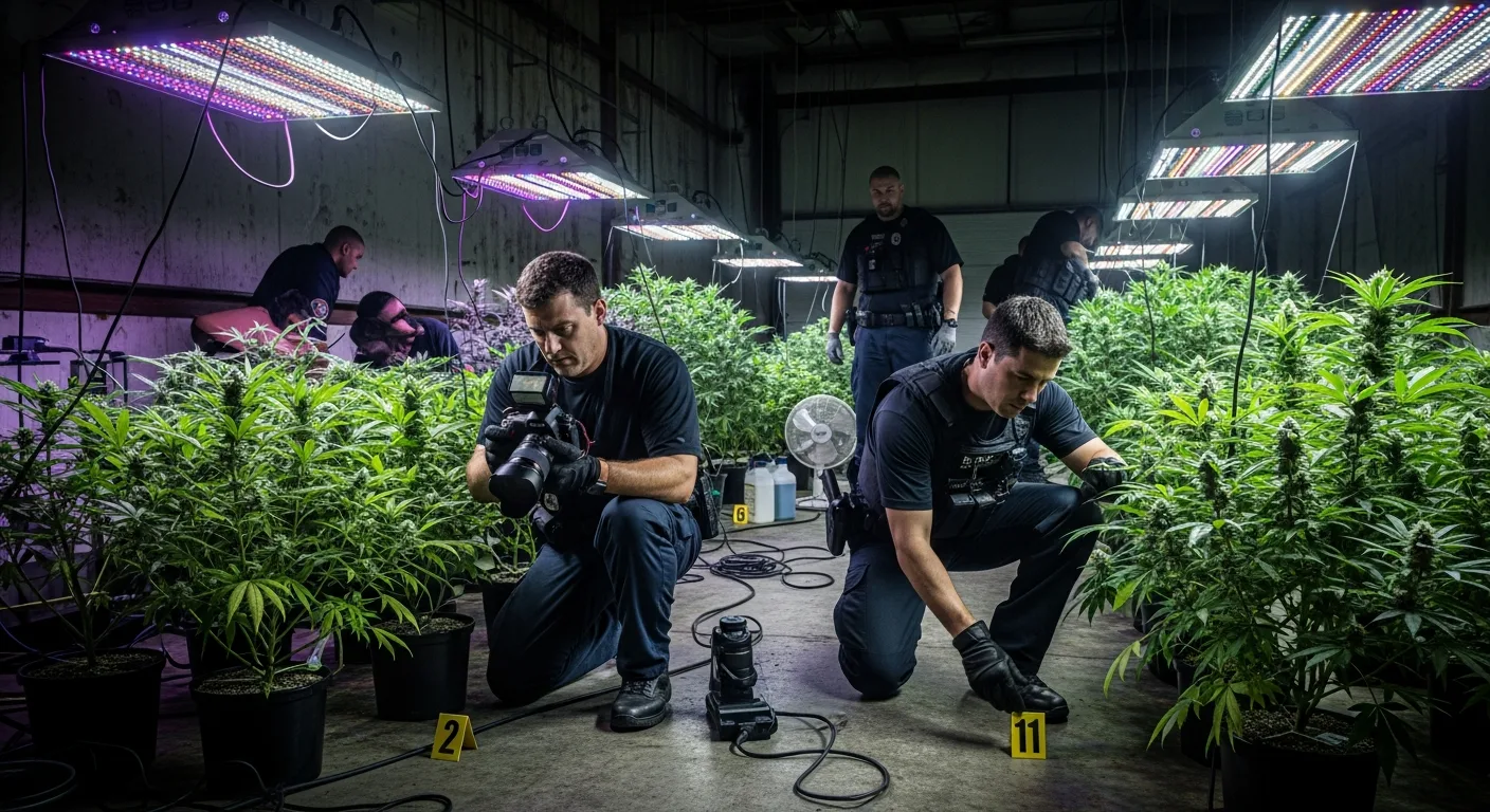 Law enforcement documenting an indoor marijuana grow operation with rows of plants under grow lights