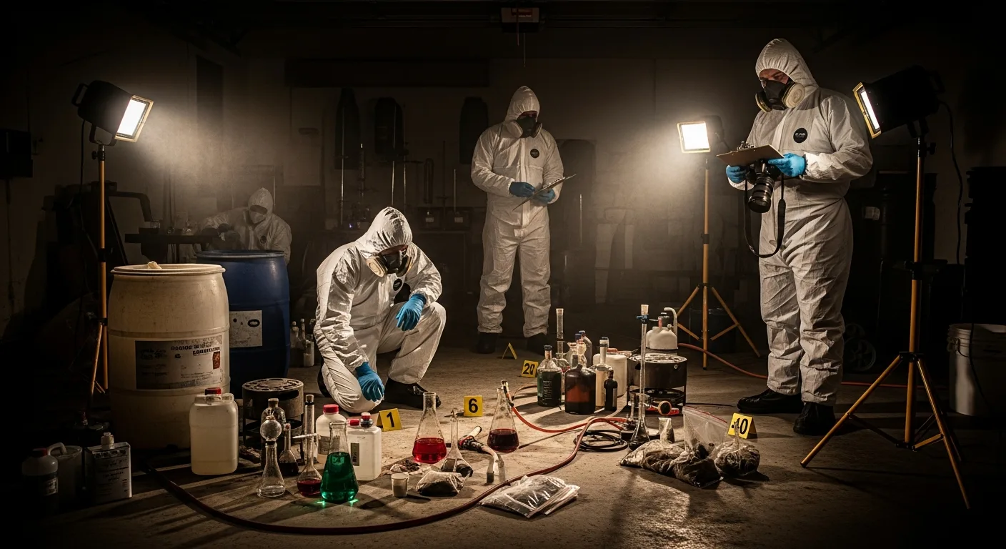 Hazmat team in protective suits documenting a contaminated clandestine drug lab