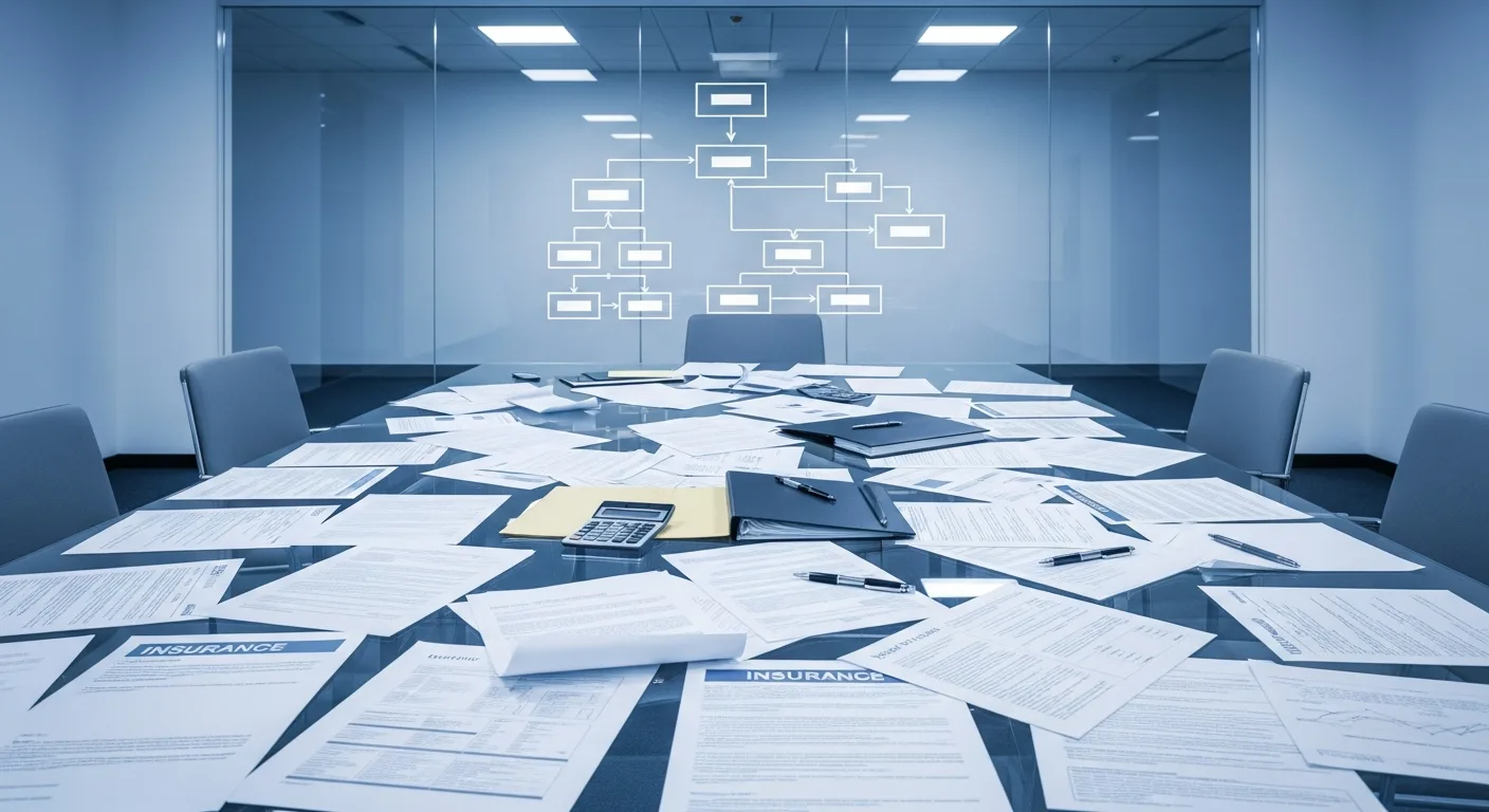 Corporate office with bail bond surety documents and an organizational chart on a glass wall
