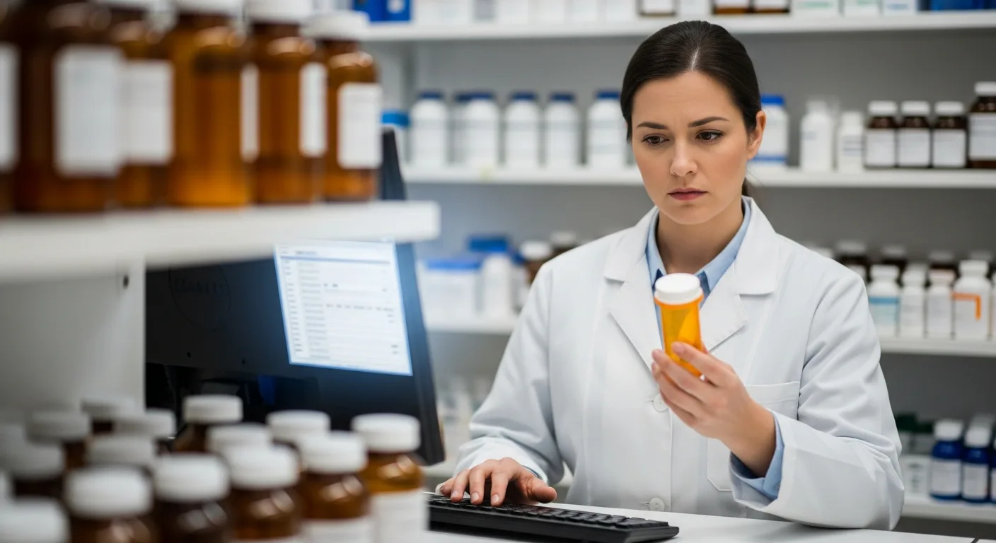 Pharmacist reviewing a prescription against a controlled substance database on a computer screen