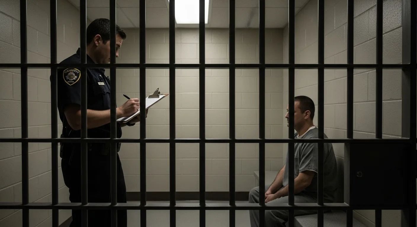 Pretrial services officer interviewing a defendant through jail holding cell bars with a clipboard