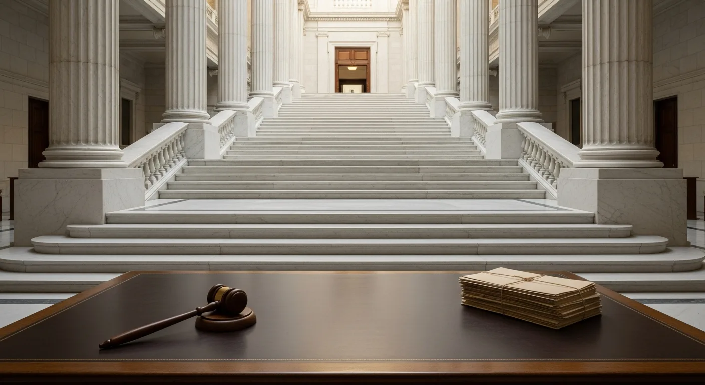 A government building with columns and an empty official's desk with a gavel and documents