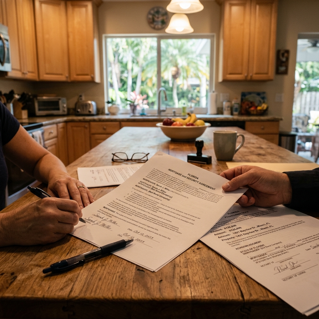 A Florida home with property documents on a table suggesting a lien signing