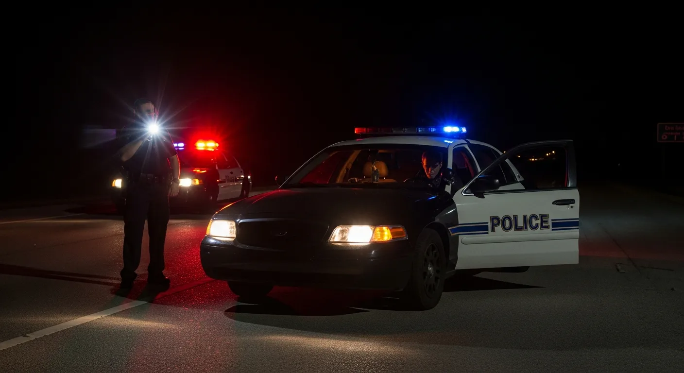 A police officer searching the interior of a car during a nighttime traffic stop on a Florida highway