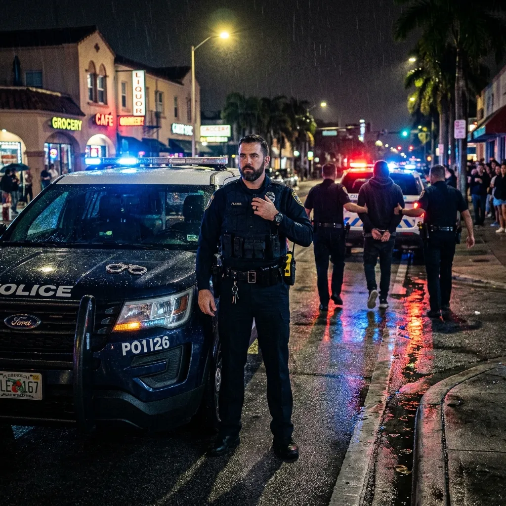 Police patrol car at night with blue and red lights reflecting off pavement