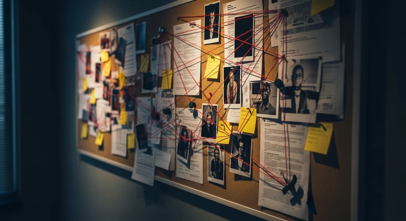 An evidence board with photographs and documents connected by string mapping a criminal enterprise