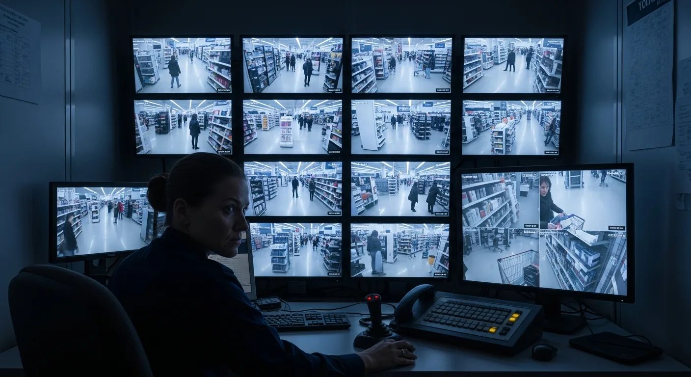 Loss prevention officer reviewing security camera footage of a big box store sales floor