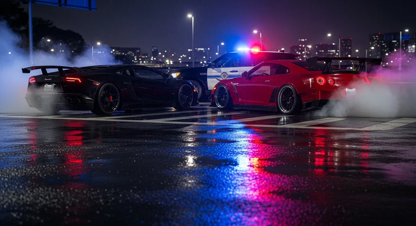 Police lights behind sports cars stopped on a city street at night after a street racing stop