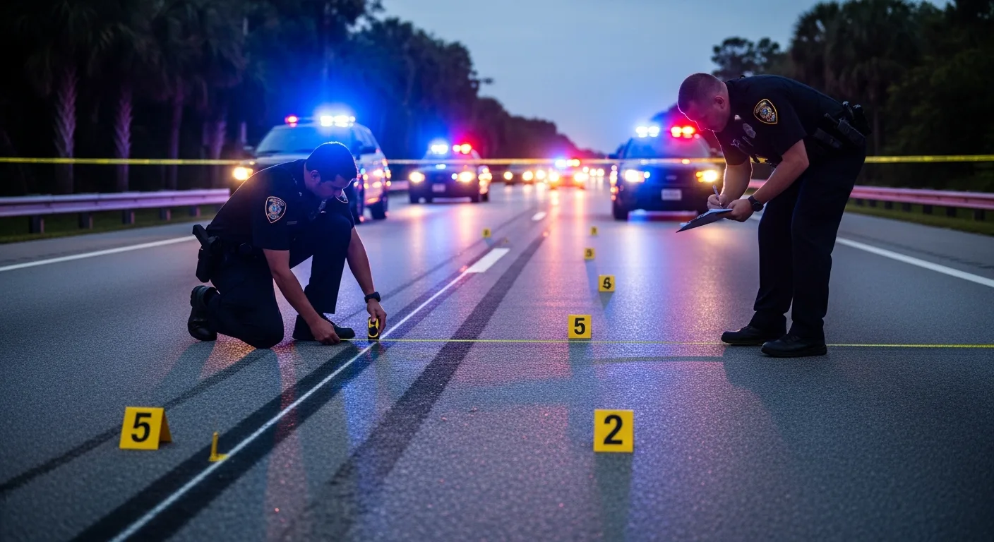Florida roadway crash investigation scene with police measuring skid marks at dusk