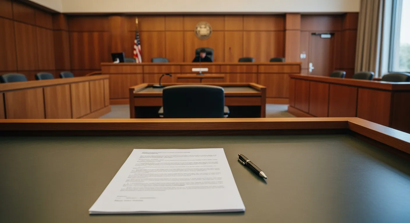 An empty Florida courtroom with a judge's bench and a waiver document on the defense table